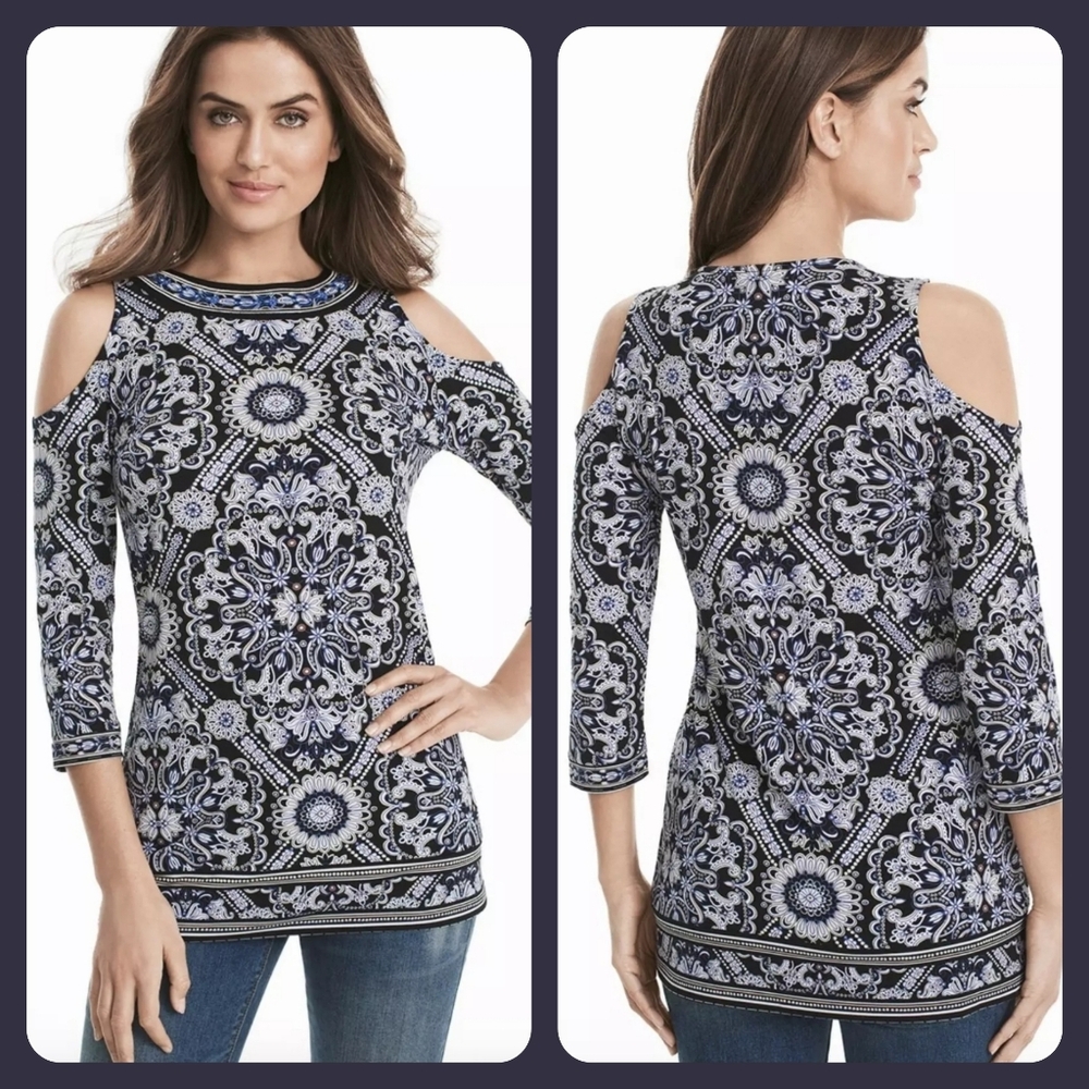 🖤White House Black Market🖤 - Black/Blue/Pink/White Geometric Cold Shoulder Top